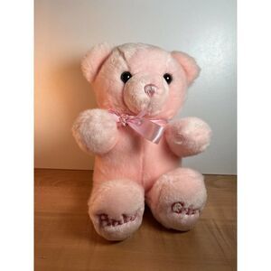 Aurora Baby Girl Pink Teddy Bear Plush Animal Bow 9 Inches Sitting Sewn Nose